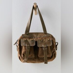 Free People Goat Leather Canvas Green Brown Little Barrel Crossbody Tote Bag